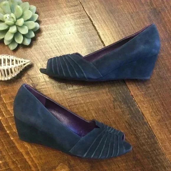 VANELi | Blue Suede Peep Toe Wedge Dress Shoes - Picture 2 of 5